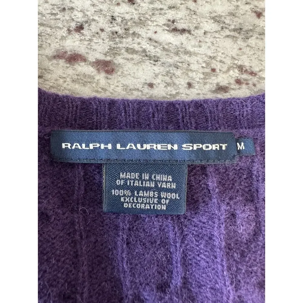 Vintage Ralph Lauren Sport Purple V-Neck Cable Knit Lambwool Academia Sweater M